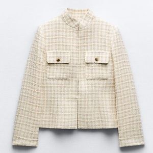 Zara white and beige check textured jacket.